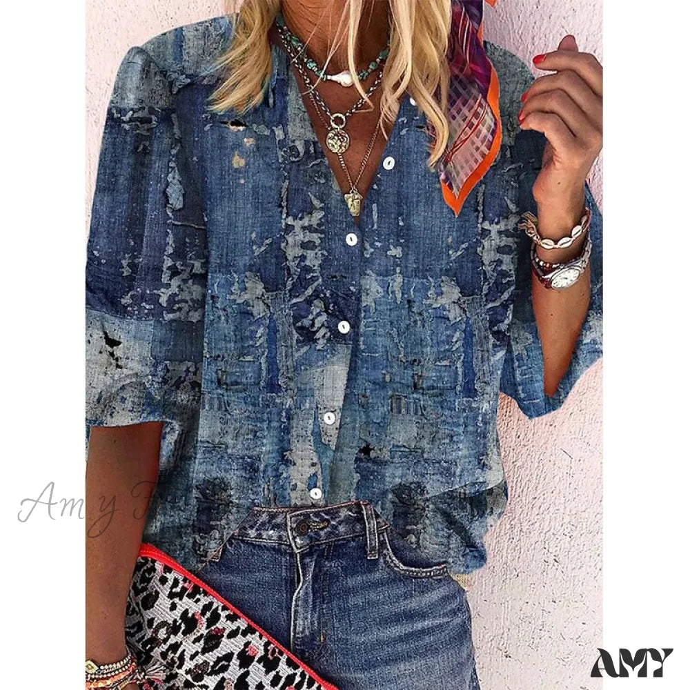 Amy Fashion - Vintage Loose Stamens Print Blouses 3 / S