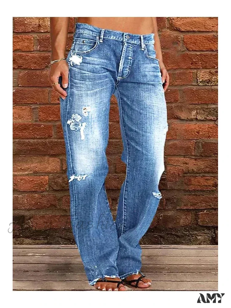 Amy Fashion - Vintage Middle-Waist Ripped Straight Blue Wide-Leg Denim Jean Light / S