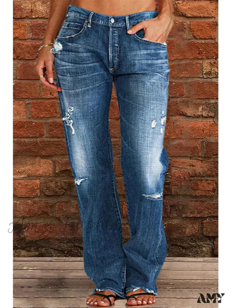 Amy Fashion - Vintage Middle-Waist Ripped Straight Blue Wide-Leg Denim Jean / S