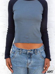 Amy Fashion - Vintage Patchwork Ribbed O-Neck Long Sleeve Tee T-Shirts Blue / S