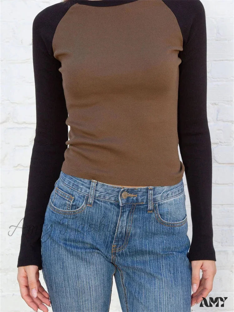 Amy Fashion - Vintage Patchwork Ribbed O-Neck Long Sleeve Tee T-Shirts Brown / S