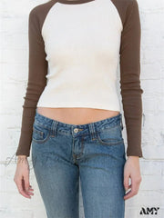 Amy Fashion - Vintage Patchwork Ribbed O-Neck Long Sleeve Tee T-Shirts Light Lvory / S