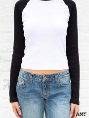 Amy Fashion - Vintage Patchwork Ribbed O-Neck Long Sleeve Tee T-Shirts White / S