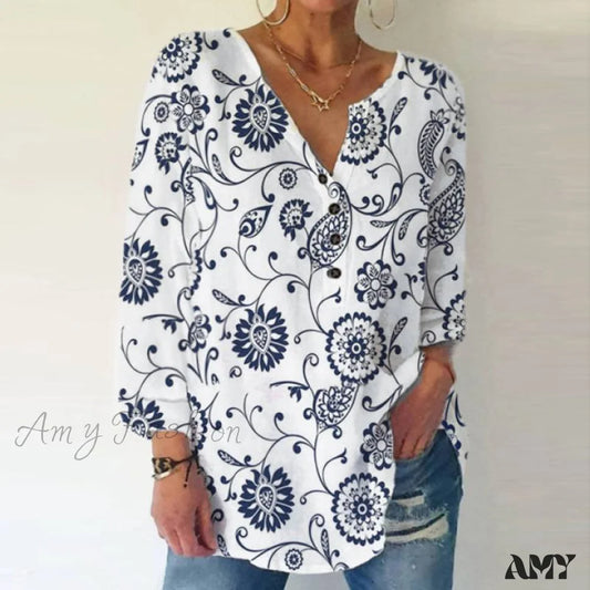 Amy Fashion - Vintage Printed Casual Long Sleeve Shirts White / S