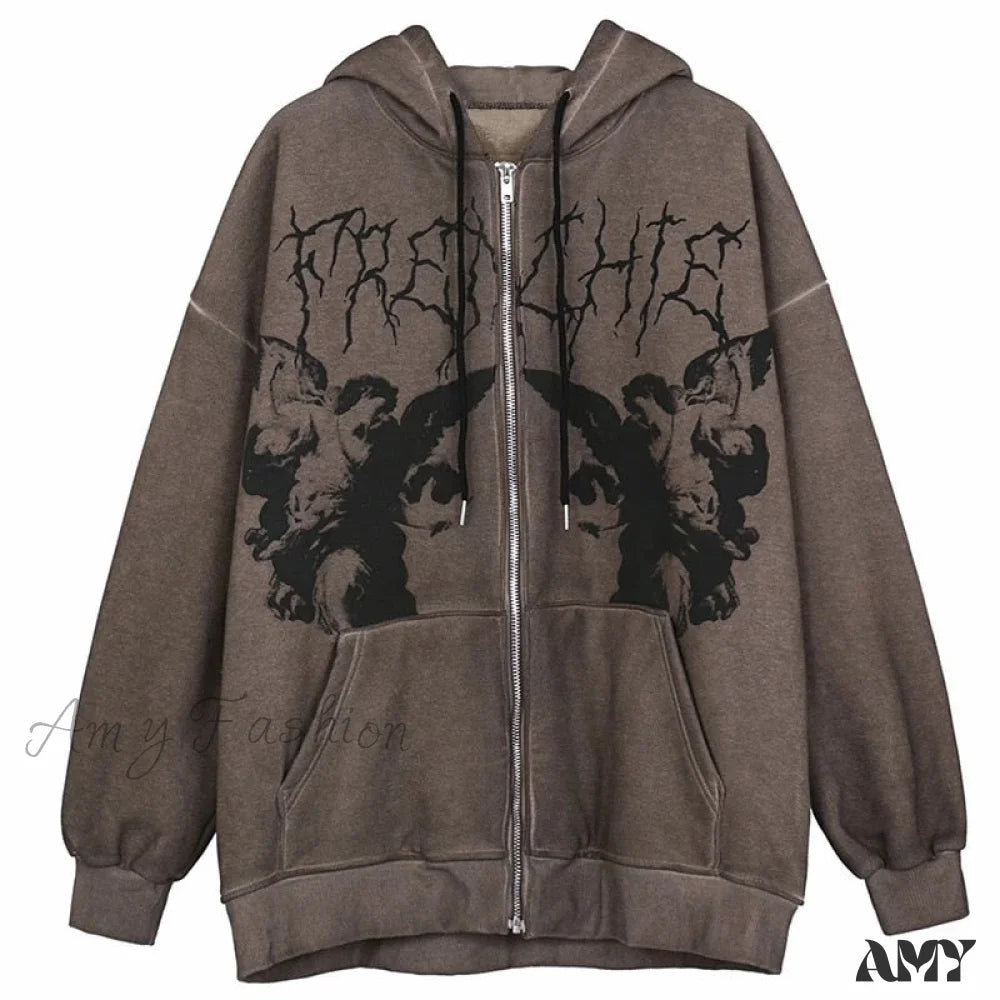 Amy Fashion - Vintage Printed Zip Up Hoodie Brown / M