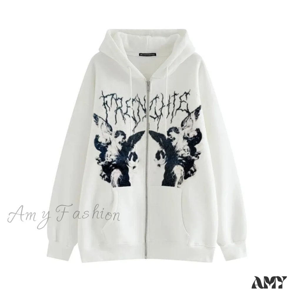 Amy Fashion - Vintage Printed Zip Up Hoodie White / M