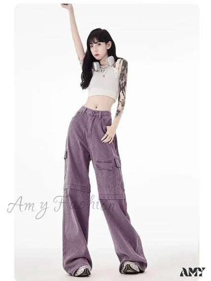 Amy Fashion - Vintage Purple Cargo Pants New Style Multi-Pocket High Waist Casual Loose Drag Thin