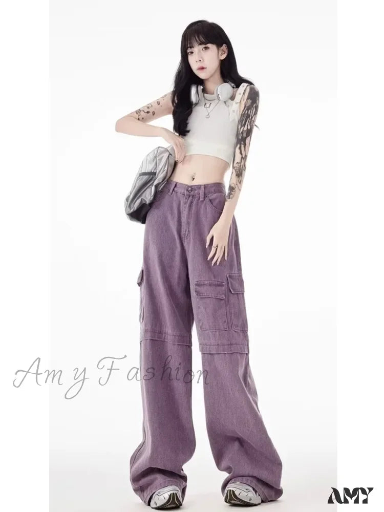 Amy Fashion - Vintage Purple Cargo Pants New Style Multi-Pocket High Waist Casual Loose Drag Thin