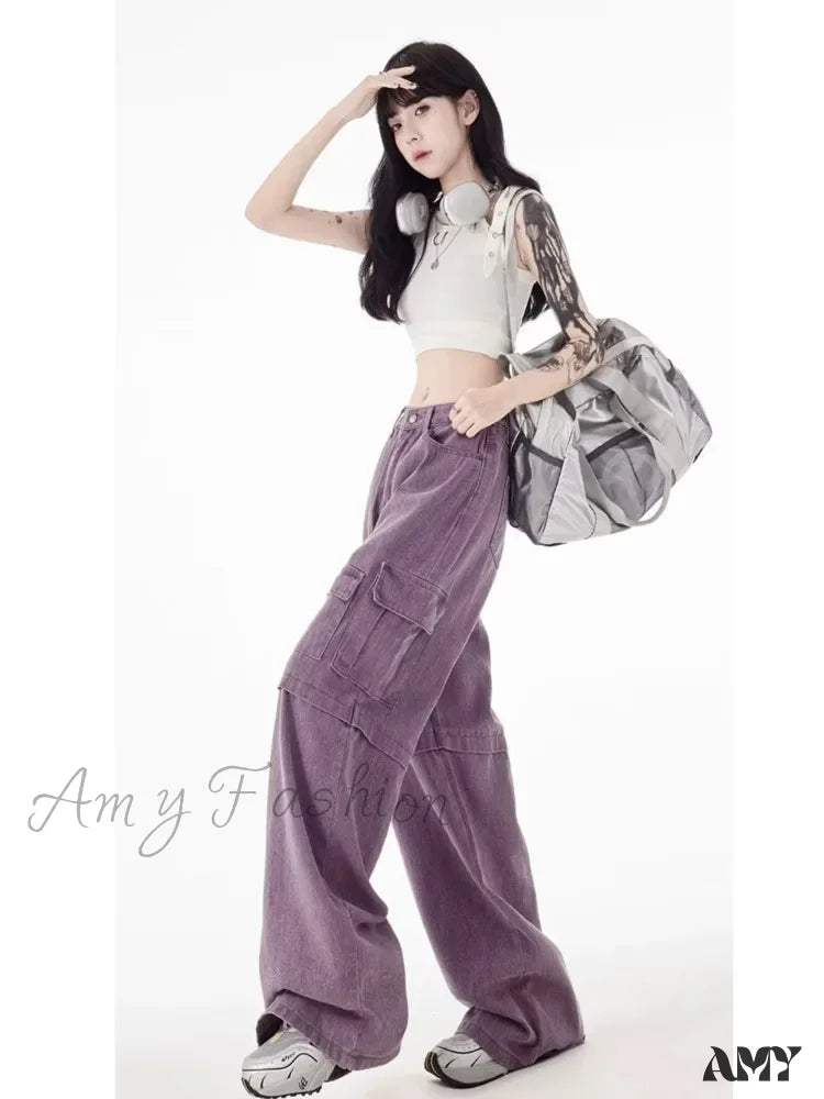 Amy Fashion - Vintage Purple Cargo Pants New Style Multi-Pocket High Waist Casual Loose Drag Thin