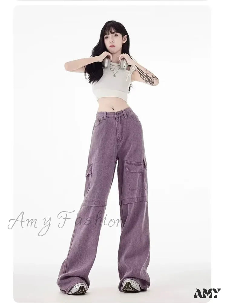 Amy Fashion - Vintage Purple Cargo Pants New Style Multi-Pocket High Waist Casual Loose Drag Thin