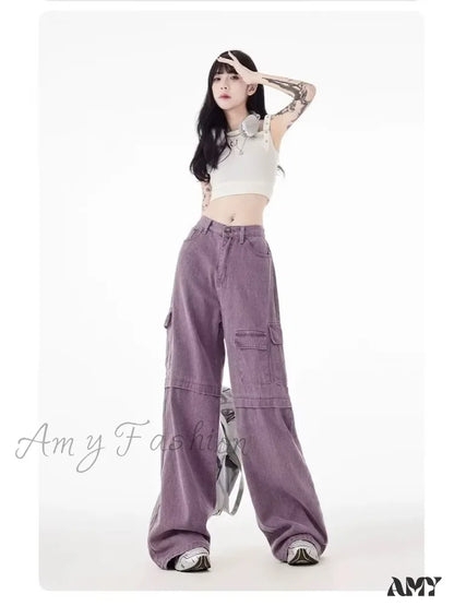 Amy Fashion - Vintage Purple Cargo Pants New Style Multi-Pocket High Waist Casual Loose Drag Thin