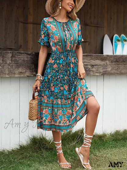 Amy Fashion - Vintage Round Neck A-Line Boho Dress