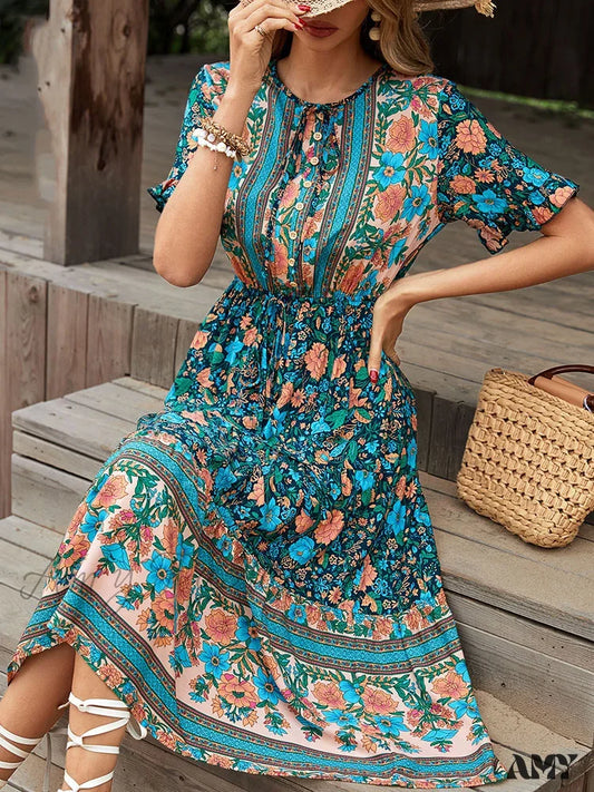 Amy Fashion - Vintage Round Neck A-Line Boho Dress