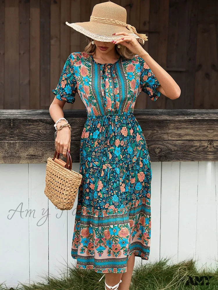 Amy Fashion - Vintage Round Neck A-Line Boho Dress