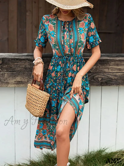 Amy Fashion - Vintage Round Neck A-Line Boho Dress