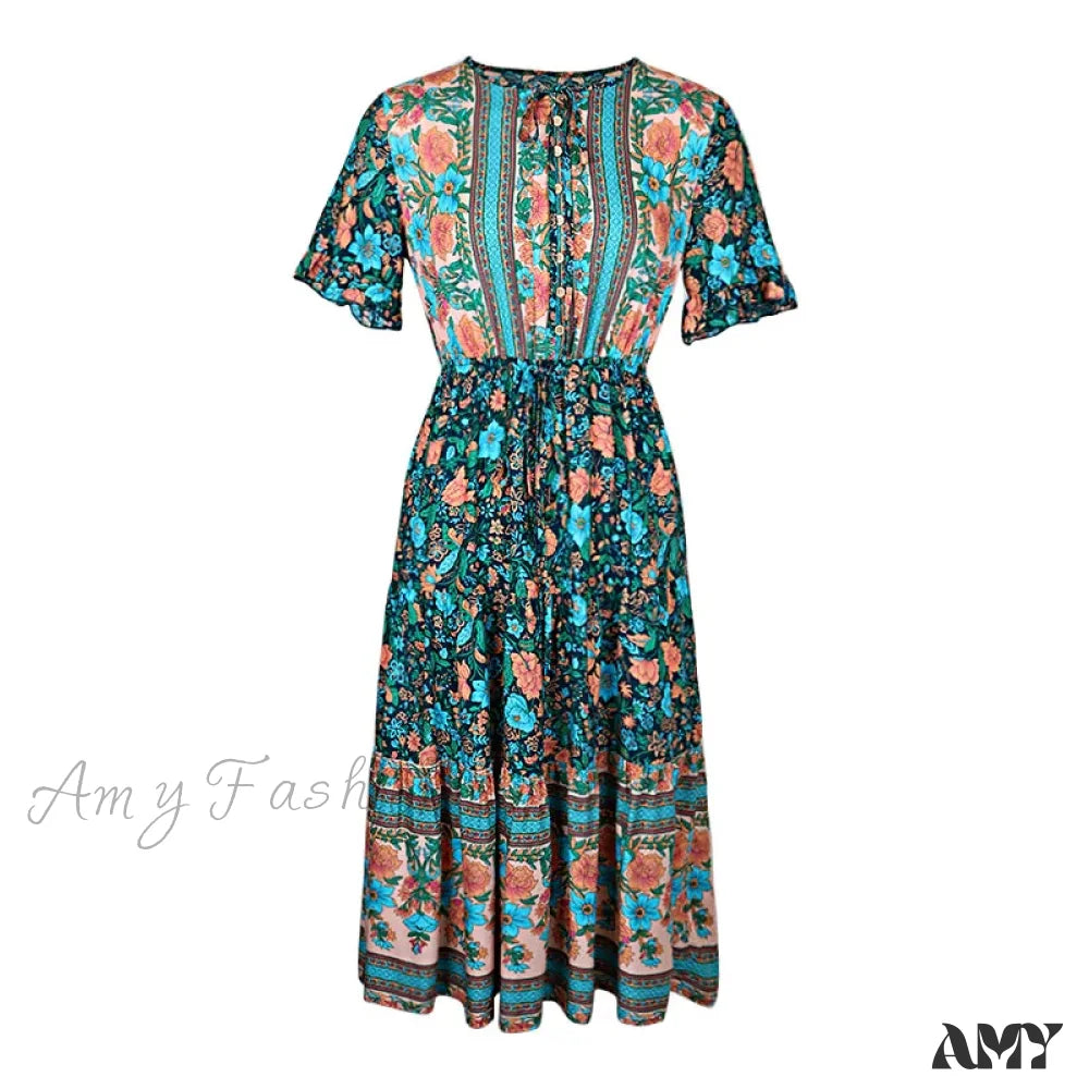 Amy Fashion - Vintage Round Neck A-Line Boho Dress Blue / S