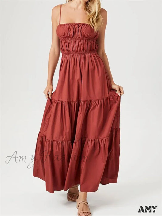 Amy Fashion - Vintage Sleeveless Strap Ruched Sling Women Low Cut Square Neck Solid Slim Party Club