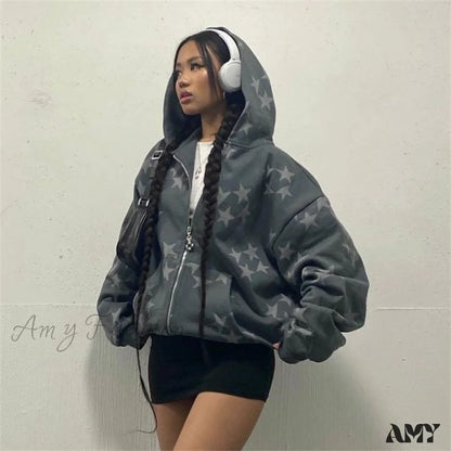 Amy Fashion - Vintage Star Graphic Hoodies Grey / S