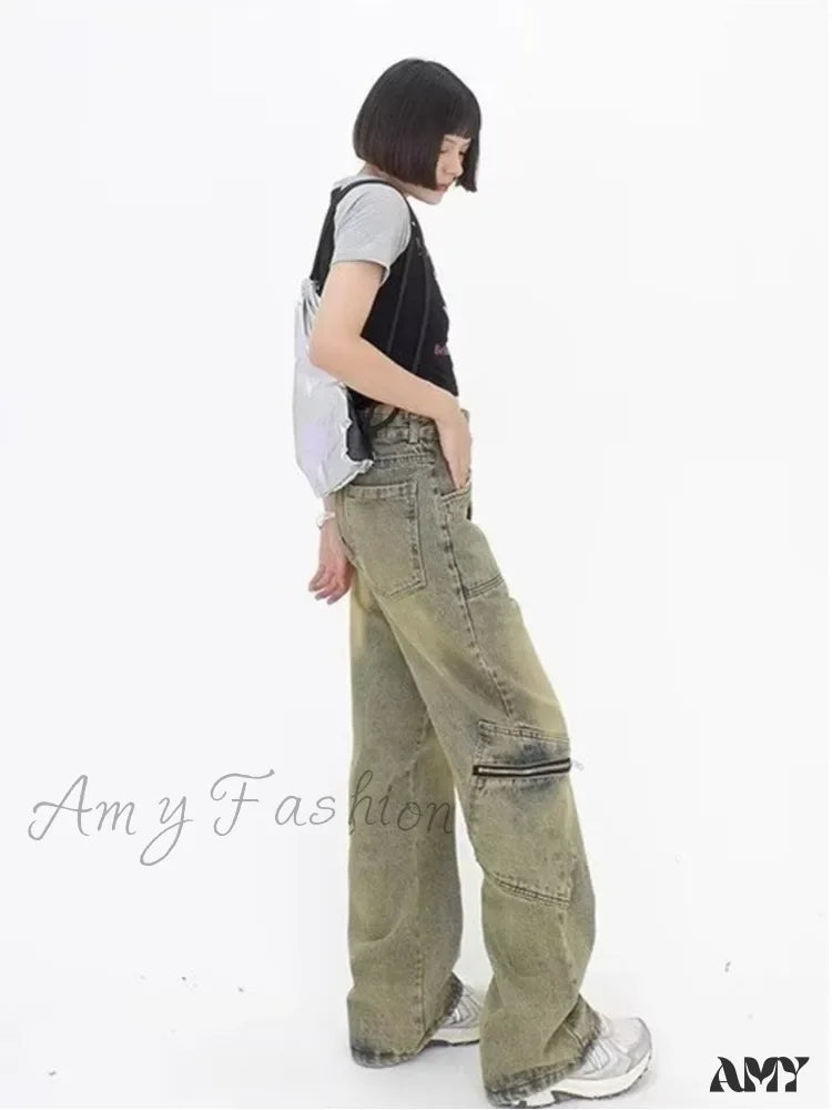 Amy Fashion - Vintage Street Deconstructed Yellow Mud Dyed Old Loose Wide Leg Women’s Jean