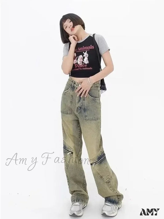 Amy Fashion - Vintage Street Deconstructed Yellow Mud Dyed Old Loose Wide Leg Women’s Jean