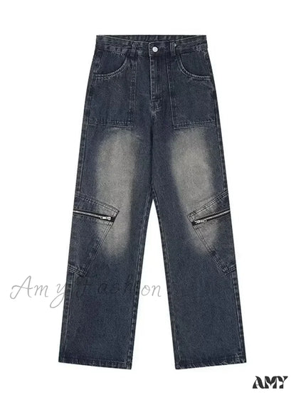 Amy Fashion - Vintage Street Deconstructed Yellow Mud Dyed Old Loose Wide Leg Women’s Jean Blue / S