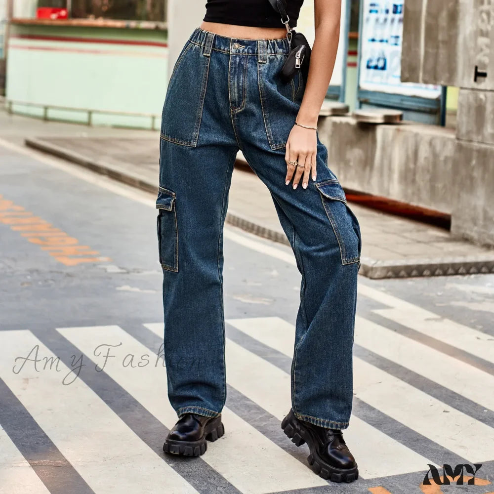 Amy Fashion - Vintage Streetwear High Waist Women American Blue Wide Leg Trouser Female Baggy