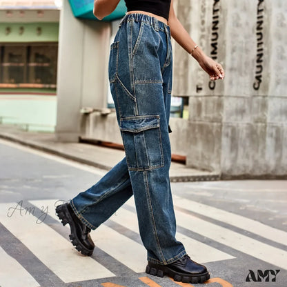 Amy Fashion - Vintage Streetwear High Waist Women American Blue Wide Leg Trouser Female Baggy