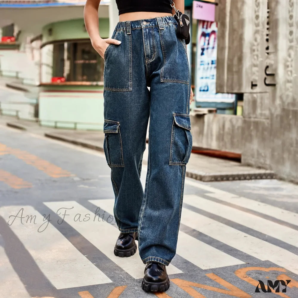 Amy Fashion - Vintage Streetwear High Waist Women American Blue Wide Leg Trouser Female Baggy