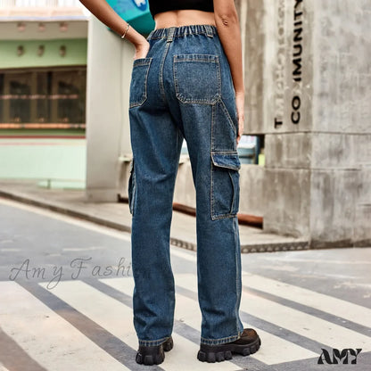 Amy Fashion - Vintage Streetwear High Waist Women American Blue Wide Leg Trouser Female Baggy