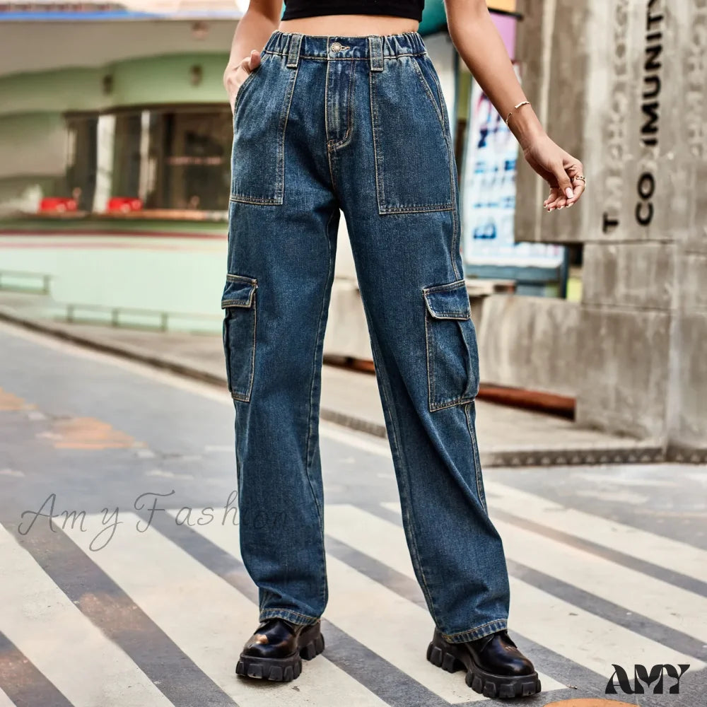 Amy Fashion - Vintage Streetwear High Waist Women American Blue Wide Leg Trouser Female Baggy