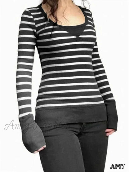 Amy Fashion - Vintage Striped Print Knitted Long Sleeve Slim Fit T-Shirts