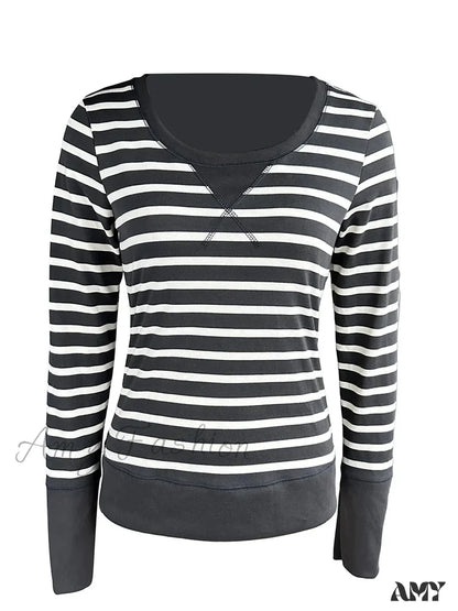 Amy Fashion - Vintage Striped Print Knitted Long Sleeve Slim Fit T-Shirts