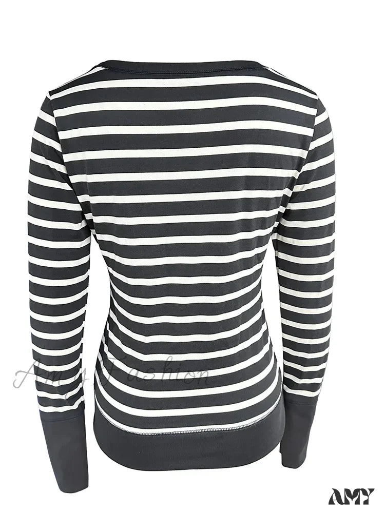 Amy Fashion - Vintage Striped Print Knitted Long Sleeve Slim Fit T-Shirts