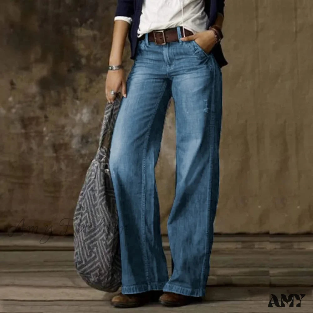 Amy Fashion - Vintage Style Loose Wide Leg Harajuku Streetwear Straight Denim Fashionable Jean Blue