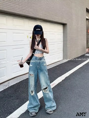Amy Fashion - Vintage Torn High-Waisted Slimming Loose-Fitting Long Women’s Jean