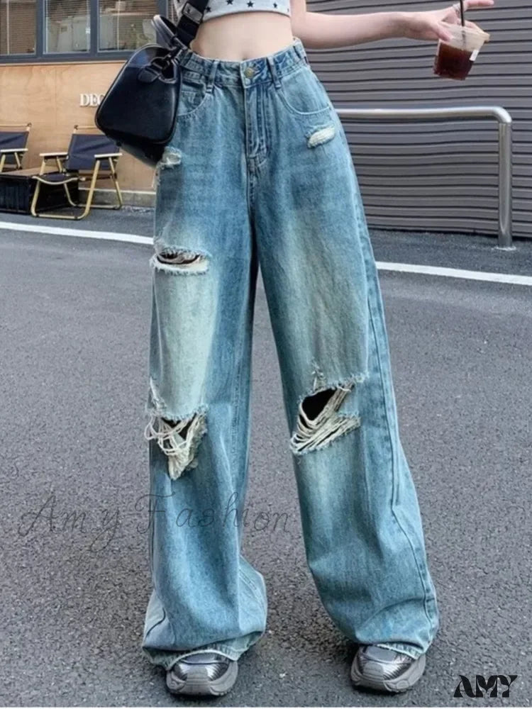 Amy Fashion - Vintage Torn High-Waisted Slimming Loose-Fitting Long Women’s Jean Blue / S
