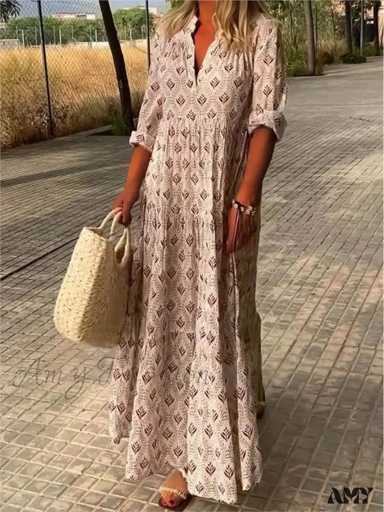 Amy Fashion - Vintage V-Neck Flower Printed Maxi Boho Dress