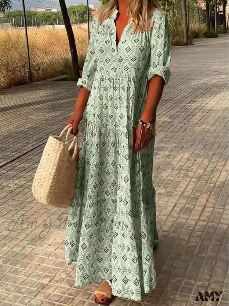 Amy Fashion - Vintage V-Neck Flower Printed Maxi Boho Dress Light Green / S