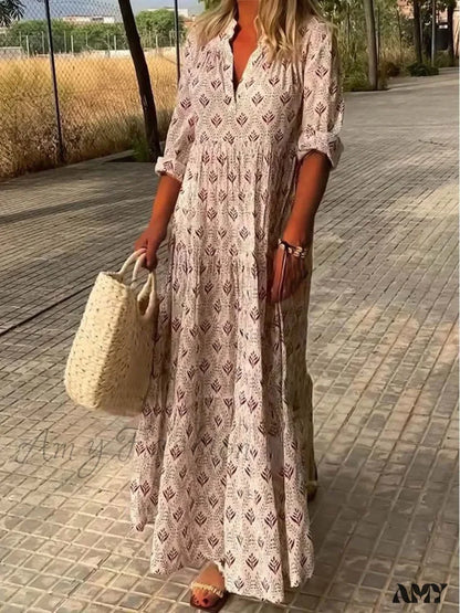 Amy Fashion - Vintage V-Neck Flower Printed Maxi Boho Dress Pink / S