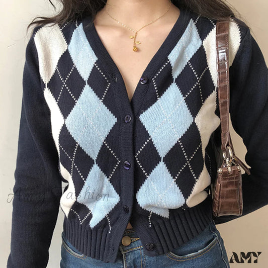 Amy Fashion - Vintage V-Neck Plaid Long Sleeve Cardigan