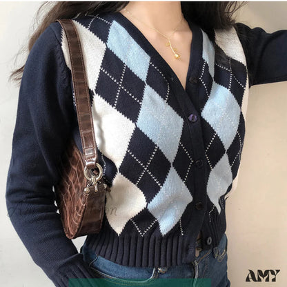 Amy Fashion - Vintage V-Neck Plaid Long Sleeve Cardigan