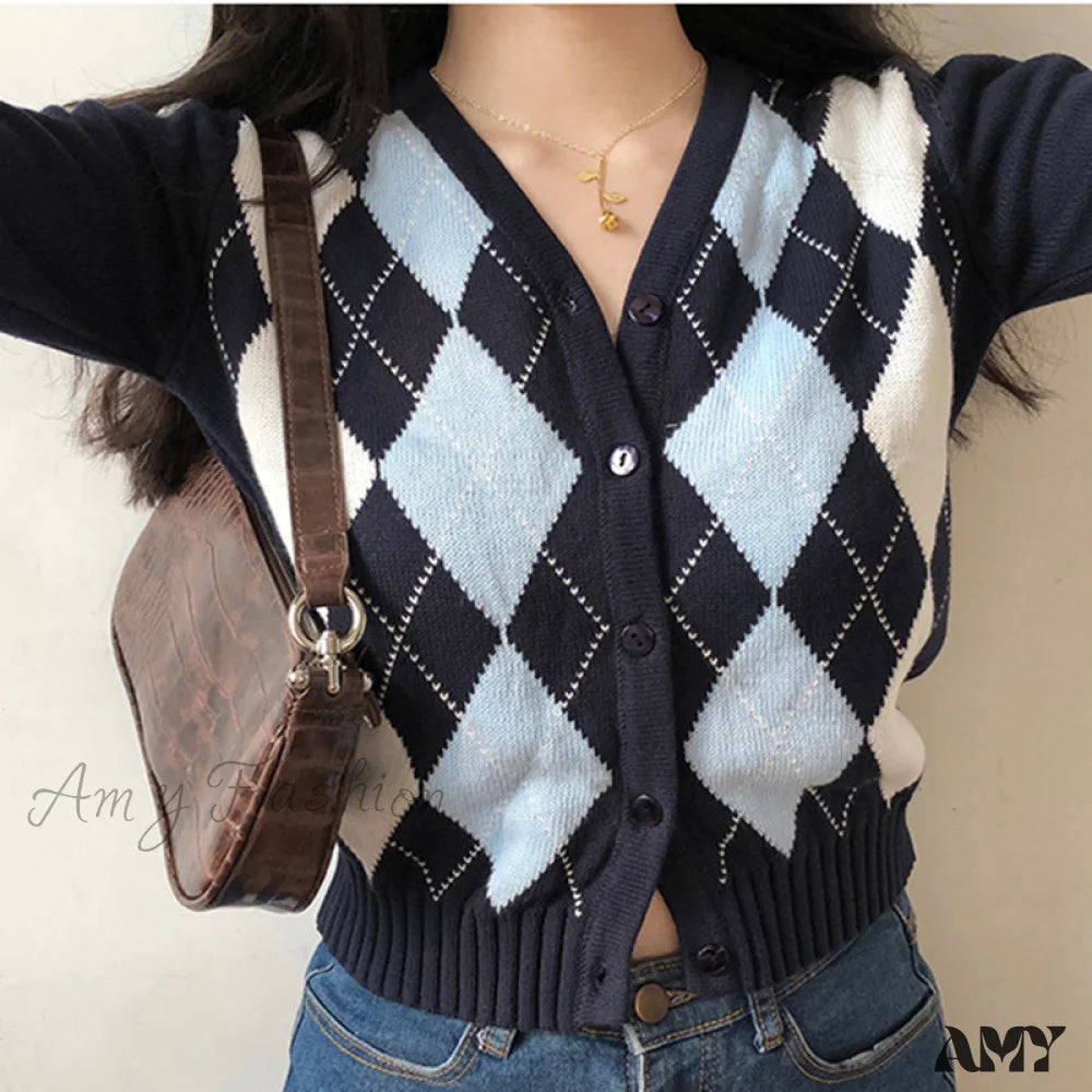 Amy Fashion - Vintage V-Neck Plaid Long Sleeve Cardigan