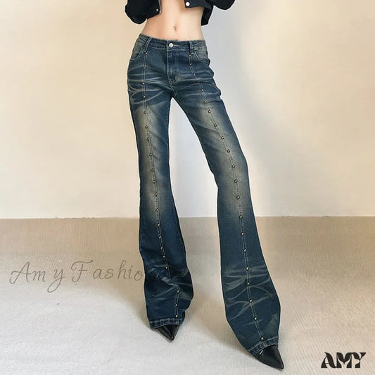 Amy Fashion - Vintage Woman Low Rise Rivet Stitching Distressed Y2K Flared 90S Streetwear Women Jean