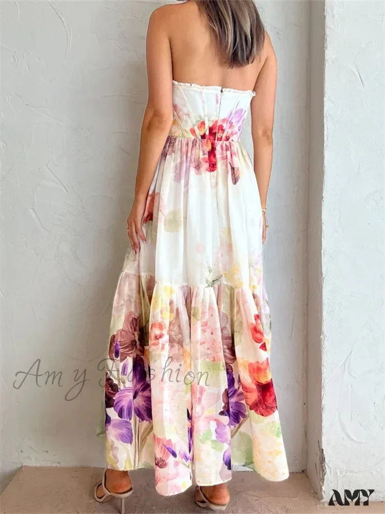 Amy Fashion - Vintage Women High Waist Sleeveless Strap Lace Push Up Flower Print Summer Beach