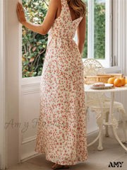 Amy Fashion - Vintage Women Sleeveless Deep V-Neck Ruched Backless Floral Print Summer Beach Female
