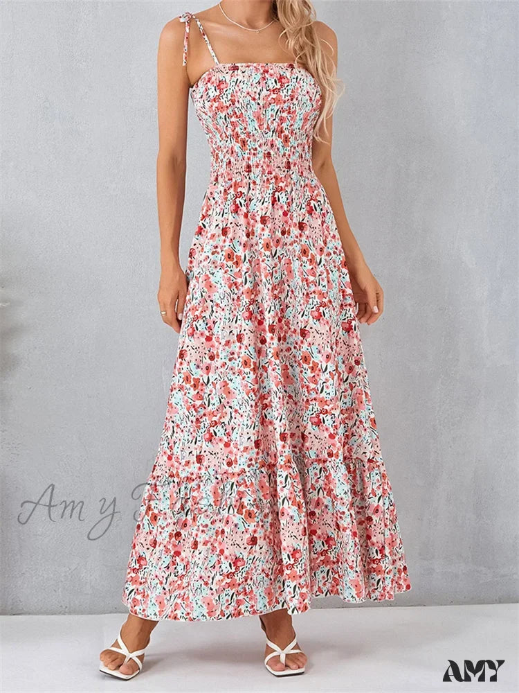Amy Fashion - Vintage Women Sleeveless Tie-Up Spaghetti Strap Floral Print Summer Party Beach