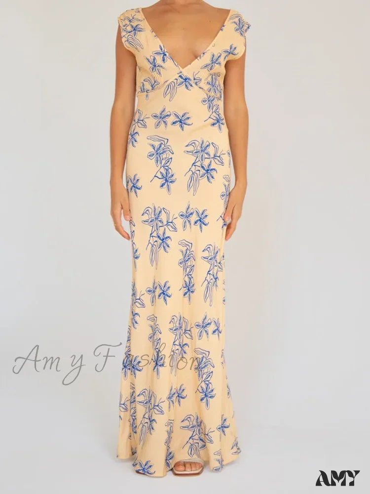 Amy Fashion - Vintage Women Sleeveless V-Neck Backless Flower Print Summer For Vacation Party