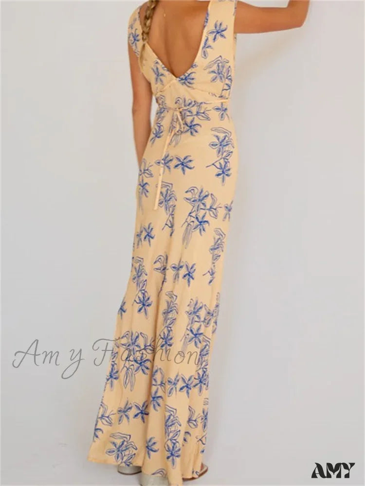Amy Fashion - Vintage Women Sleeveless V-Neck Backless Flower Print Summer For Vacation Party