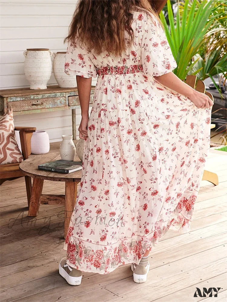 Amy Fashion - Vintage Women Summer Beach Short Sleeve Deep V Neck Boho Floral Print Party Female