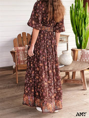 Amy Fashion - Vintage Women Summer Beach Short Sleeve Deep V Neck Boho Floral Print Party Female